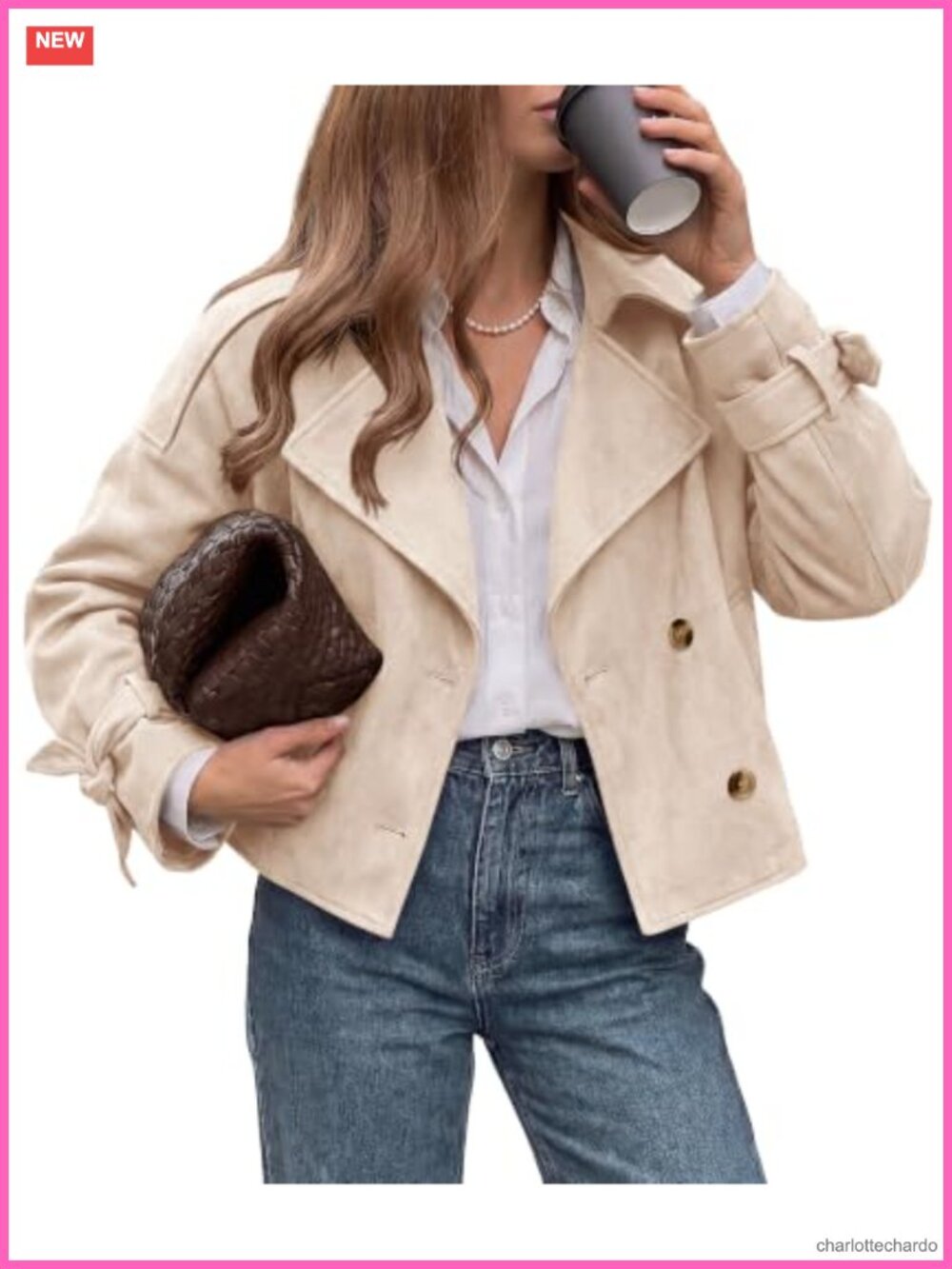 Faux Suede Cropped Trench Coat Double Breasted Jacket Tie Cuffs Fall